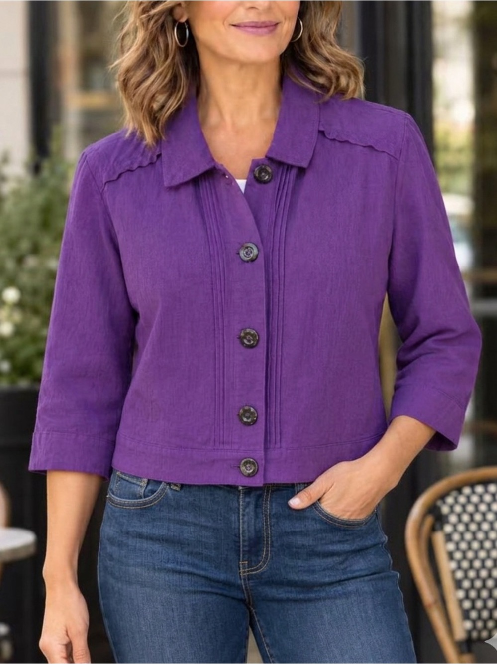 Christopher & Banks Linen Blend Button-Front Cropped Jacket